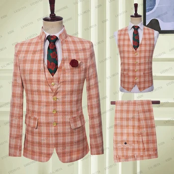 Костюм для мужчин, оранжевый льняной костюм в стиле ретро, пальто из трех предметов, брюки, жилет для отдыха, однобортный, с острым отворотом, приталенный 정장 2024