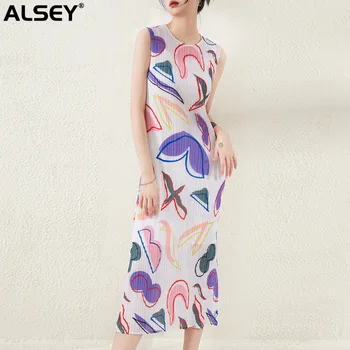 ALSEY Miyake Плиссированные женские платья-жилетки, Дизайнерское повседневное платье, Модное летнее платье с разрезным принтом, круглый вырез, без рукавов, Новинка лета