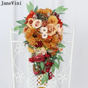 JaneVini Винтажный осенний Букет невесты с водопадом из жженого Апельсина, Искусственный Каскадный Подсолнух, свадебные цветы, букеты для Выпускного