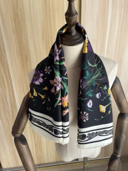 2022 новое поступление, модный элегантный брендовый шарф из 100% шелка с черным цветком, 90*90 см, квадратная шаль, саржевая обертка для женщин, леди, девушки