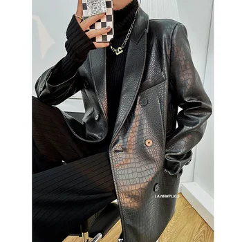 Куртка Y2k из искусственной кожи, черные винтажные d Мотоциклетные двубортные куртки с длинным рукавом, Весенне-осеннее женское пальто, женское