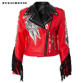 ZURICHHOUSE Шикарная красная куртка из искусственной кожи с цветным принтом и кисточками, Женская тонкая короткая уличная одежда, мотоциклетное пальто из искусственной кожи Mujer