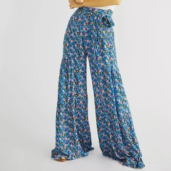 Винтажные пляжные брюки с цветочным принтом, женские повседневные плиссированные широкие брюки в стиле пэчворк на шнуровке, Женские Модные Свободные брюки Уличные