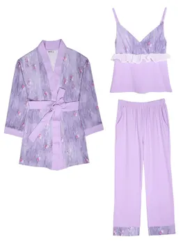 Домашняя одежда, Осенне-зимняя пижама средней толщины в художественном ретро-стиле с рисунком Лотоса, Пижама из 3 предметов для женщин