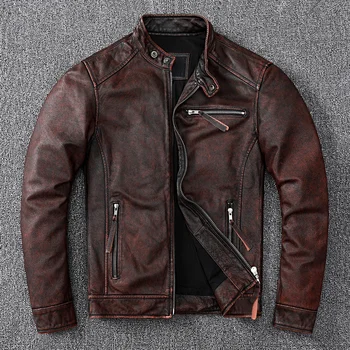 Винтажное коричневое пальто в классическом байкерском стиле, короткая тонкая куртка из натуральной кожи, мужская повседневная Азиатский Размер 6XL, осень оптом