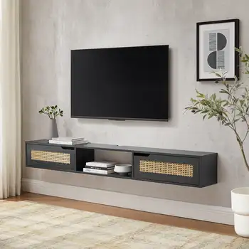 Современная плавающая подставка для телевизора с ротанговыми дверцами для телевизоров до 80 дюймов, черная