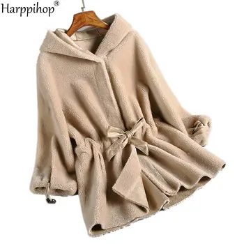 Пальто для стрижки овец, женская длинная кожаная с мехом куртка с капюшоном, пальто из зернистого кашемира, натуральный мех, большие размеры, зима