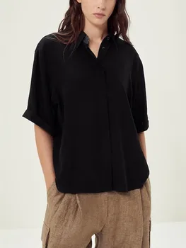 Летняя новинка 2023, Женская рубашка с короткими рукавами в Рулонах, расшитая бисером, 100% Шелк, отложной воротник, женская однобортная блузка