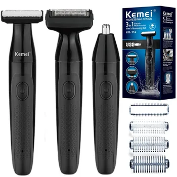 Kemei KM-114 моющаяся электробритва для лица и тела, триммер для бороды для мужчин, бритвенный станок для ухода за лысой головой, перезаряжаемый