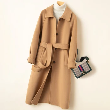Осенне-зимнее Новое Корейское модное женское пальто средней длины с реверсивным воротником из чистой шерсти, Свободное высококачественное пальто на шнуровке