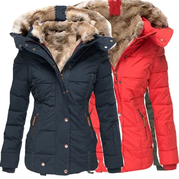 Зимнее теплое хлопчатобумажное пальто с шерстяным воротником 2023, Женское хлопчатобумажное пальто на молнии с длинным рукавом, приталенное, с капюшоном, пальто