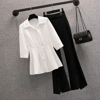 Летняя Новинка 2023, Повседневная рубашка миди с короткими рукавами, Топ + расклешенные брюки, костюм из двух предметов, Женская корейская элегантная блузка, комплект в тон