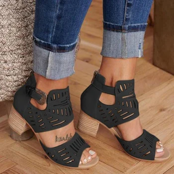 Новинка 2023 года, Летние женские сандалии с резьбой на толстом каблуке большого размера 43, сандалии в стиле ретро-гладиатор, женская повседневная Римская мода