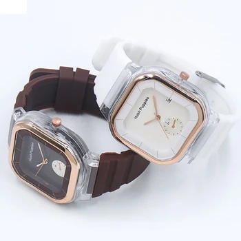 Модные цветные квадратные резиновые кварцевые женские часы с ремешком, силиконовый квадратный циферблат, детские студенческие кварцевые женские часы