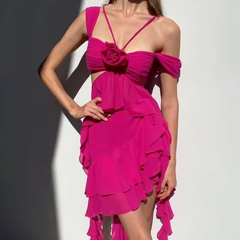Женское Сексуальное платье из тюля с нерегулярными оборками и 3D цветами, Сетчатое Прозрачное платье Миди с разрезом и рюшами, летние платья для коктейльной вечеринки в клубе Y2K