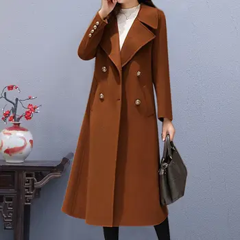 Женское пальто, шерстяное пальто, Свободные двубортные шерстяные однотонные куртки для женщин, верхняя одежда, зимнее пальто Casual V2