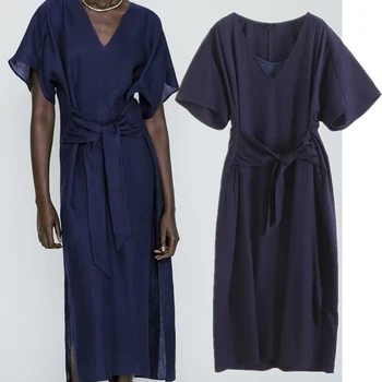 Увядшая французская модная одежда В Марокканском стиле, темно-синее Свободное праздничное платье с V-образным вырезом, Элегантное льняное платье в стиле ретро с поясом для женщин