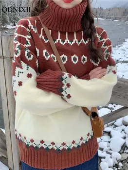 2023 Осенне-зимний вязаный Пуловер с круглым вырезом, Корейская версия, Женский свитер с длинными рукавами, Мешковатый Повседневный Винтажный высокий воротник