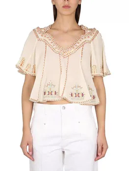 Женская рубашка с рукавом-бабочкой, объемной вышивкой бисером, Ретро-богемия, V-образный вырез, 2023 Летняя женская блузка