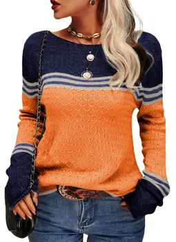 Женский Осенне-зимний Пуловер с цветными блоками, Свитера, Круглый вырез, Полосатый облегающий Трикотаж, топы