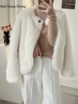 2023 Осенне-зимнее пальто из искусственного меха для женщин, роскошная дизайнерская пушистая ворсистая куртка средней мягкости, внешняя теплая одежда в корейском стиле