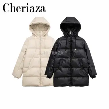 CHeriaza, Новое европейское и американское модное хлопковое платье с капюшоном, женское повседневное пальто из искусственной кожи на молнии