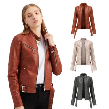 Модная европейская куртка, женский короткий ремень, женская кожаная куртка, Большая тонкая кожаная куртка, воротник-стойка, тонкий стиль