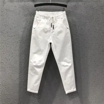 Весенне-летние Женские Белые джинсовые брюки с эластичной талией, Свободные шаровары, Женские повседневные хлопковые джинсовые брюки длиной до щиколотки Y461