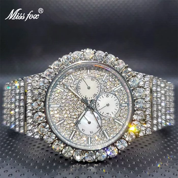 MISSFOX Ice Out Серебристый цвет Часы с бриллиантами Бренд Известный Хронограф Роскошные Часы Для Мужчин Высокое Качество Geneva Оптовые товары
