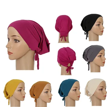 Модальный Хлопковый Однотонный Внутренний Хиджаб Для женщин, Мусульманский Эластичный ремешок из Джерси, Шляпа с капюшоном, аксессуары для Пиратской шляпы, Тюрбан