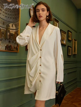 TWOTWINSTYLE, Корейское Модное платье Абрикосового цвета для женщин, V-образный вырез, Длинный рукав, высокая талия, однотонные мини-платья, Женский стиль весенней одежды