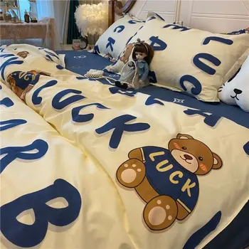 Кровать с медведем-алфавитом, комплект из четырех предметов, Простая постиранная хлопковая Простыня, Стеганое одеяло, Мультяшный студенческий комплект из трех предметов
