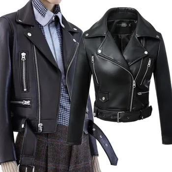 Модная Новая женская черная куртка из искусственной кожи, Осенне-зимние Короткие куртки из мягкой искусственной кожи на молнии, мото-байкерское пальто