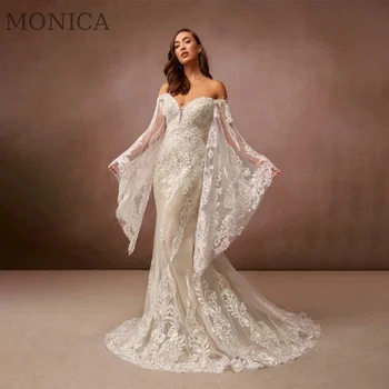 Свадебное платье MONICA с расклешенными рукавами, без бретелек, с аппликациями, Свадебные платья Русалка Длиной до пола, Придворный шлейф, Vestido De Novia, сшитое на заказ