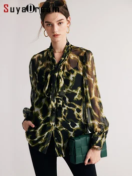 SuyaDream, женские камуфляжные рубашки из 40% натурального шелка с воротником-бантом, Однобортные шикарные блузки 2023, Осенне-зимний Офисный женский топ