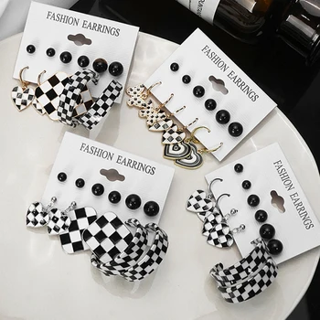 Черный, белый, в шахматном порядке, Эмалированный набор сережек для женщин, Винтажные серьги-кольца в виде сердца, серьги-кольца в стиле Тайцзи, Модные украшения