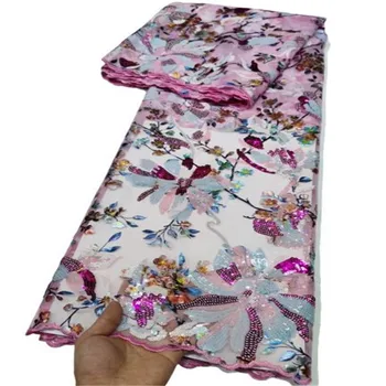Розовая Элегантная Африканская Кружевная ткань 5 Ярдов, Высококачественные блестки, мягкий французский Тюль, Нигерийское Свадебное Женское платье Asoebi, кружева