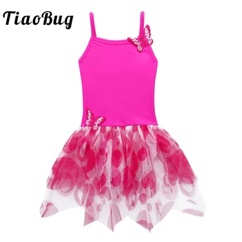 TiaoBug, Балетная пачка для девочек, платье-трико на бретельках с аппликацией в виде бабочки, Гимнастический купальник, Детский сценический танцевальный костюм