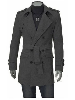 Сшитый на заказ Темно-серый двубортный тренч Для мужчин, Дизайнерское зимнее пальто Для мужчин, Длинное пальто, кашемировое шерстяное пальто, зимнее пальто