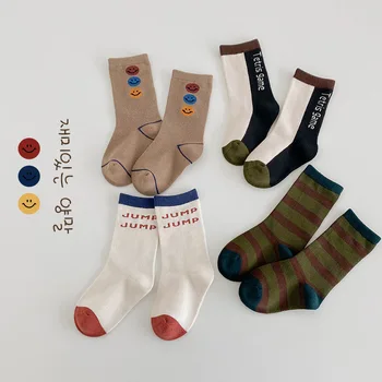 Детские 4 пары носков, осенние спортивные хлопковые носки с надписью, нескользящие Носки для мальчиков и девочек