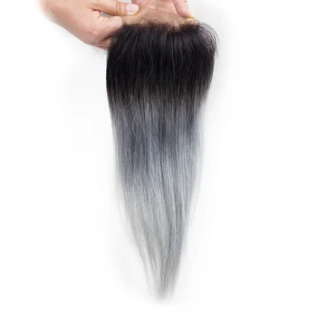 Темно-серый С черными корнями, Прямое Омбре, Цвет 4x4, Застежка из человеческих волос, Бразильская Предварительно окрашенная застежка из волос Remy