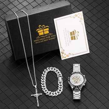 Подарочный набор серебряных роскошных мужских часов, Мужские автоматические механические часы, Модный браслет-ожерелье, подарок на день рождения, костюм с коробкой для мужчин