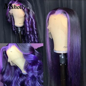 Выделите Фиолетовый Парик из человеческих волос на шнурке Спереди HD Прозрачный парик на шнурке спереди 13x4, бразильские волосы с объемной волной, окрашенные в бразильский цвет Для чернокожих женщин