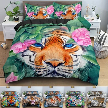 Комплект постельного белья с 3D Тигром для Спальни, Пододеяльник, одеяло с животными, Покрывало для одного, для двух человек, Стеганое одеяло Королевского размера с наволочкой, 2/3 шт.