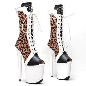 Leecabe 20 см/8 дюймов, леопардовый верх из искусственной кожи, открытые модные ботинки для танцев на шесте на высоком каблуке