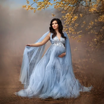 Небесно-голубые тюлевые халаты для беременных для фотосессии с рукавами-аппликациями, платье для беременных с шалями, халаты для душа ребенка длиной до пола