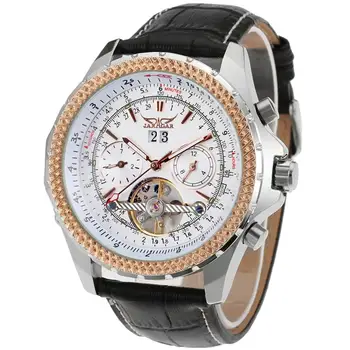 Роскошный Фирменный Новый Черный кожаный ремешок Tourbillion Дизайн Дисплей Календаря Мужские Часы Автоматические механические наручные часы