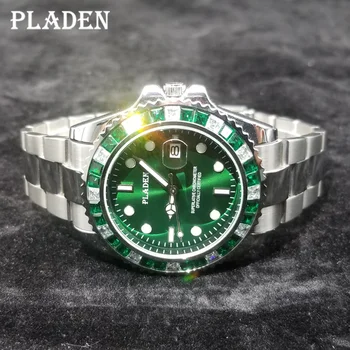 PLADEN 2021, роскошные мужские часы, лучший бренд, украшение из зеленого камня, кварцевые часы, светящиеся наручные часы для дайвинга из нержавеющей стали, Прямая поставка