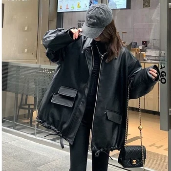 HOUZHOU Кожаная куртка в готическом стиле Женская Черная негабаритная Винтажная 90-х Эстетическая молния Корейские уличные куртки Готические Свободные