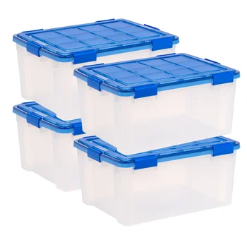 Прозрачный пластиковый ящик для хранения с прокладкой WeatherPro ™ объемом 60 литров с крышкой, синий, набор из 4